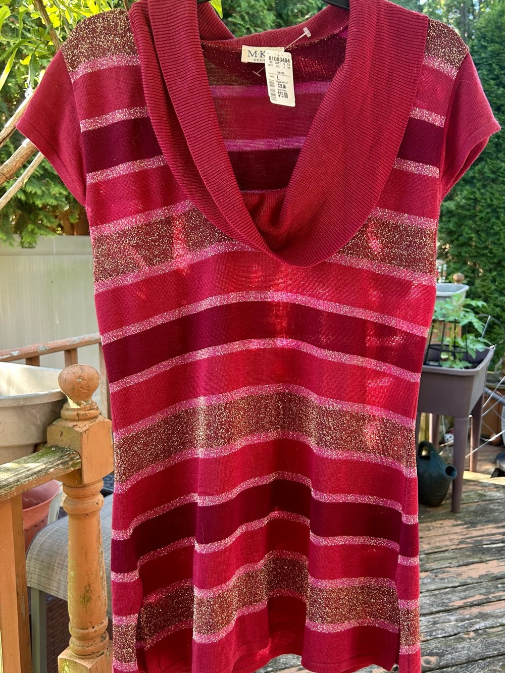 Cowl Neck Top - NEW W/Tags -Large  MKM Designs Berry Pink & Gold Striped